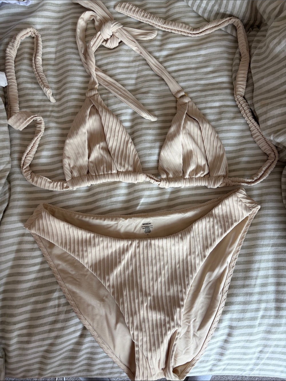 Monday Swimwear Ribbed Triangle Bikini Set in Nude Beige